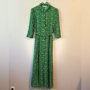 Zara Marilyn Polka Dot Green Long Maxi Button Down Dress Rare Blogger Fave
